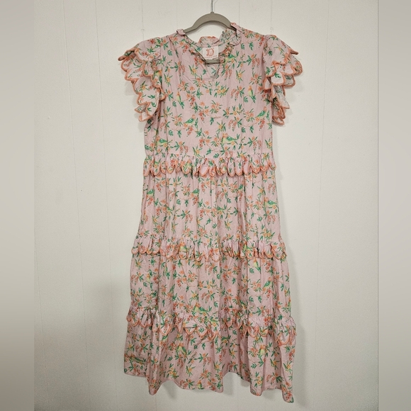 Victoria Dunn Dresses & Skirts - Victoria Dunn Pink Floral Ruffle Tiered Midi Dress